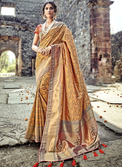 Orange and red Pure Banarasi Silk wedding wear saree