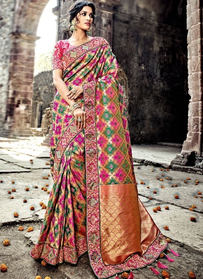 Pink and green Pure Banarasi Silk wedding wear saree