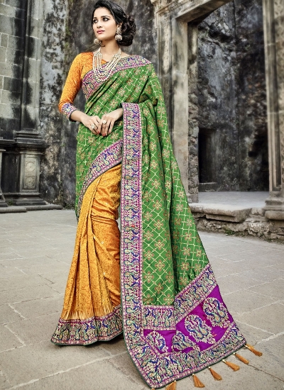 Yellow and green banaras silk wedding wear saree