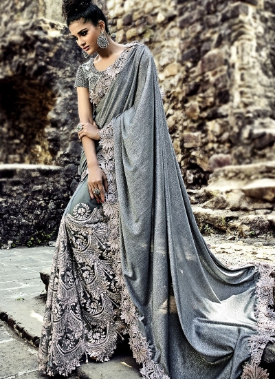 Grey color imported pallu and net wedding wear saree