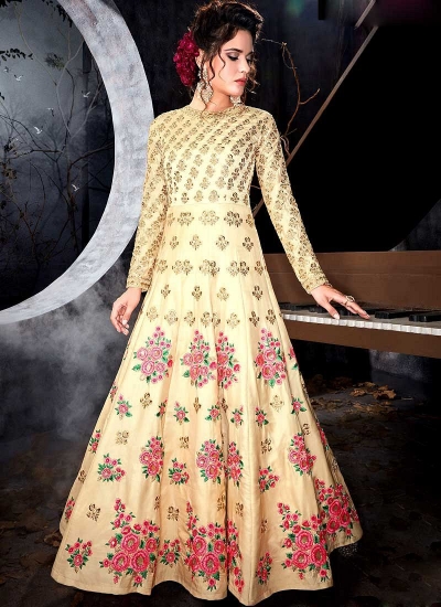 Cream color silk party wear anarkali kameez