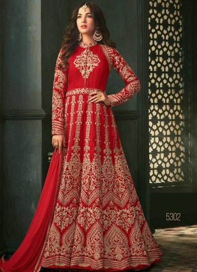 Sonal Chauhan Red color silk wedding anarkali