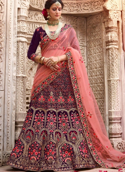 Purple color satin silk and net wedding lehenga