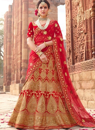 Red color satin silk and net wedding lehenga