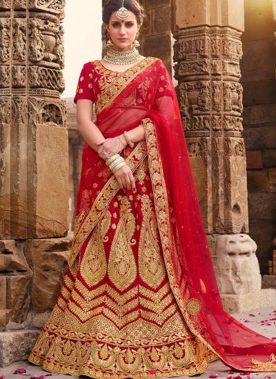 Red color satin silk and net wedding lehenga