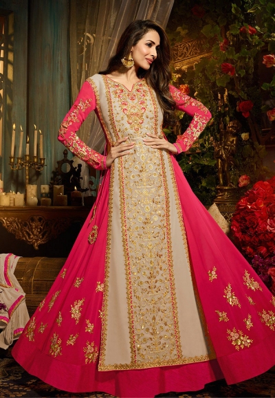 Malaika Arora khan georgette pink and offwhite party wear anarkali