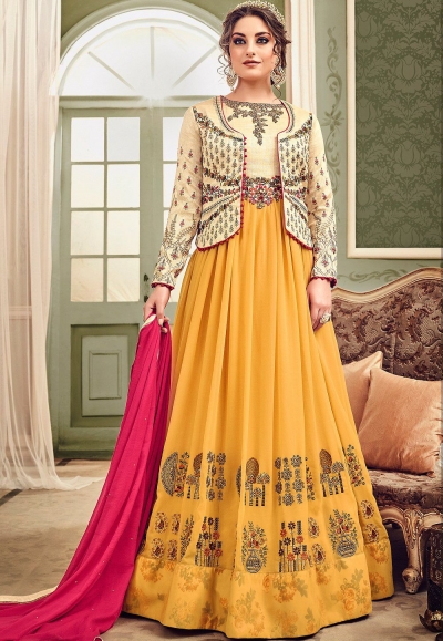 Yellow and cream color Koti style georgette and silk wedding anarkali suit