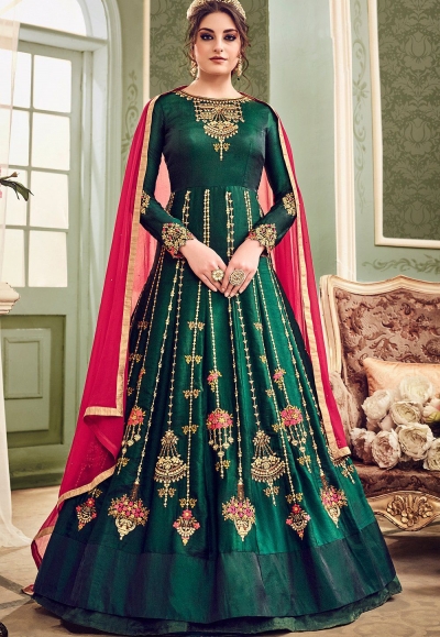 Emerald green color silk wedding anarkali suit