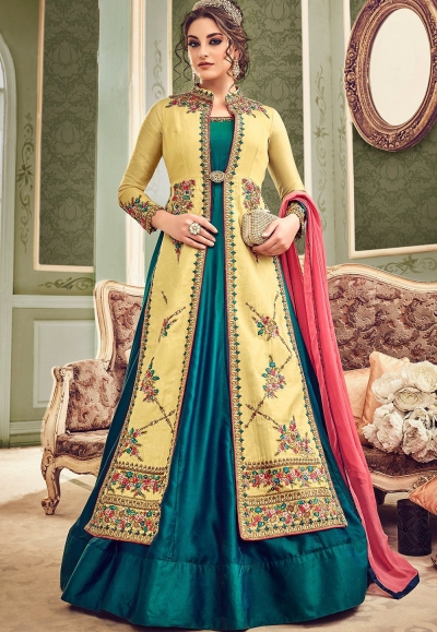 Peacock blue and mustard green koti style silk wedding anarkali suit