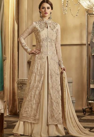 Beige color georgette party wear lehenga kameez