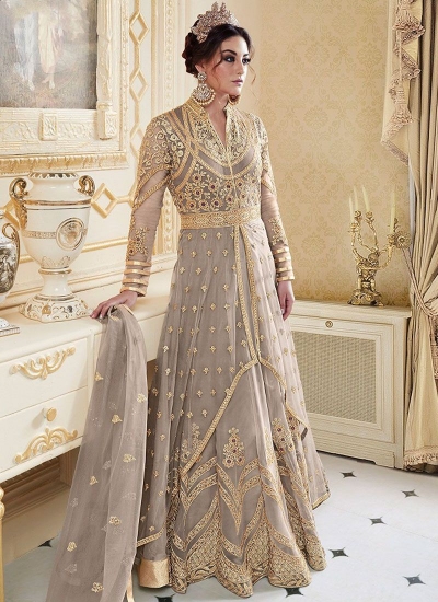 Grey color net party wear anarkali suit