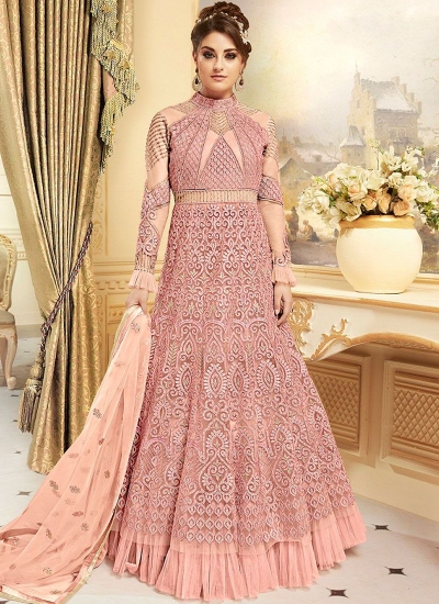 Pink color net party wear anarkali suit