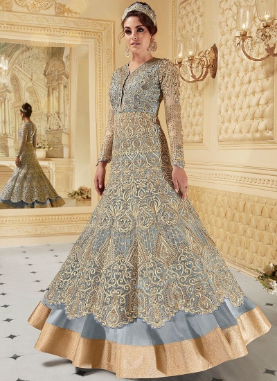 Grey color net party wear anarkali suit