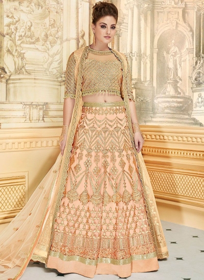 Peach color net party wear Lehenga choli