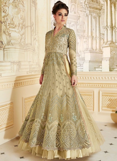 Beige color net party wear anarkali suit