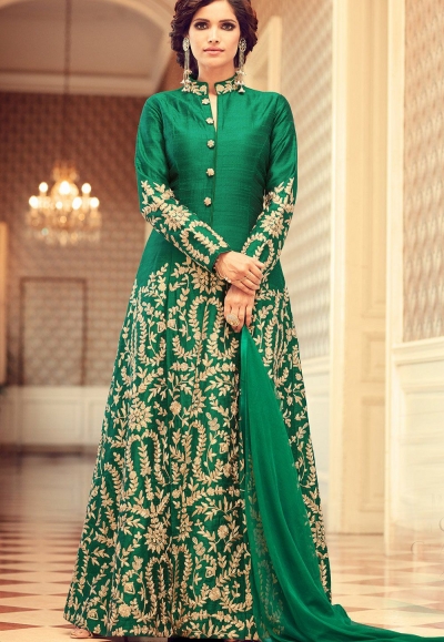 Green color tafetta silk party wear anarkali suit