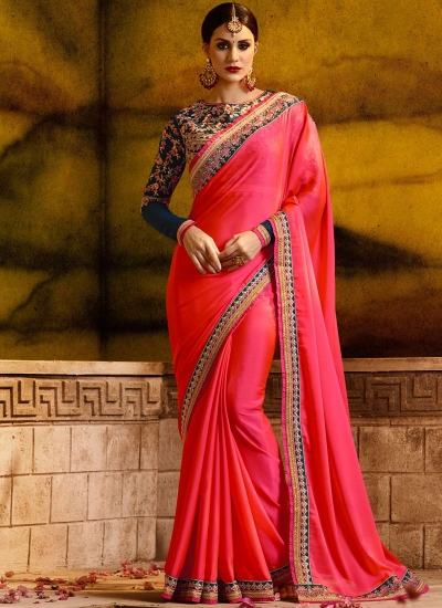 Embroidered fancy fabric party saree in hot pink 1165