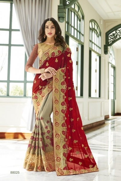 Maroon georgette embroidered party wear saree 88025