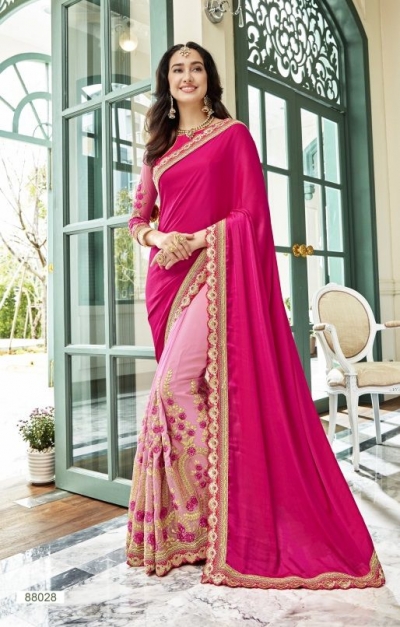 Pink georgette embroidered party wear saree 88028