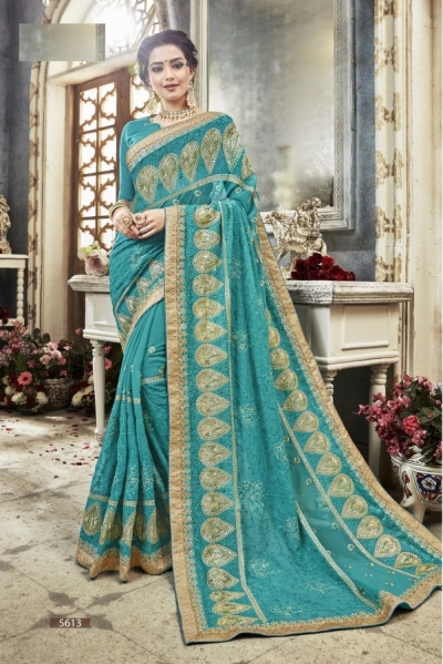 Sea Green georgette embroidered party wear saree 5613