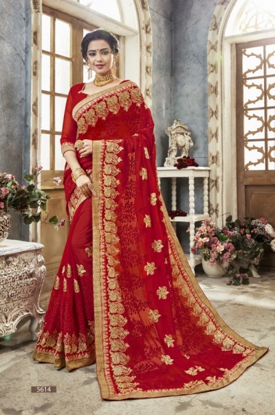 Red georgette embroidered party wear saree 5614