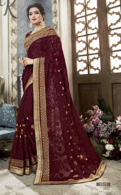 Wine georgette embroidered party wear saree 5615