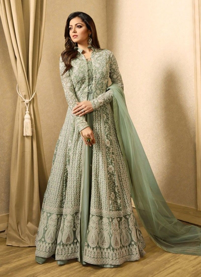 Drashti Dhami grey color net party wear anarkali