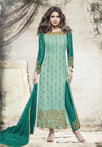 Priyanka chopra green blue color straight cut salwar kameez