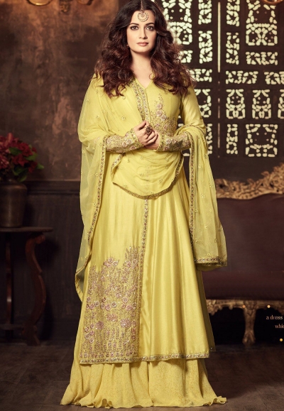 Dia Mirza Yellowcolor georgette Lehenga kameez 45004