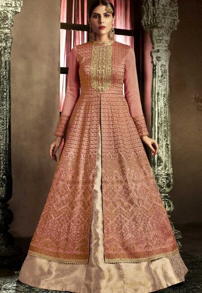 Rust color slub silk wedding lehenga kameez 11061