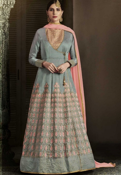 Grey color silk Angrakha style anarkali 11063