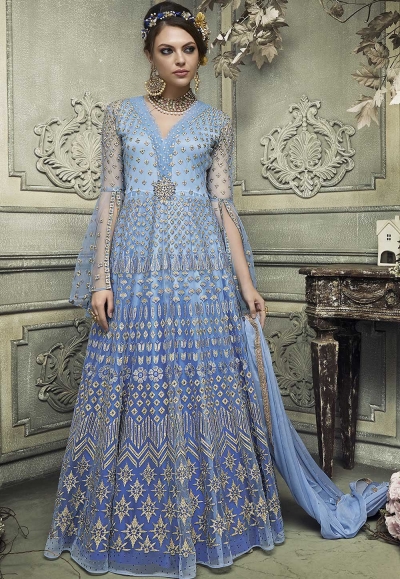 Blue color heavy work wedding anarkali S307