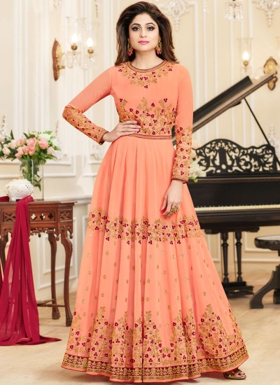 Shamita Shetty enticing embroidered work peach georgette anarkali salwar kameez 10003