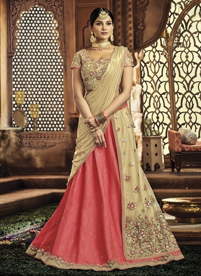 Peach and cream raw silk wedding lehenga