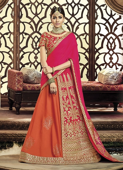 Orange and pink raw silk wedding lehenga