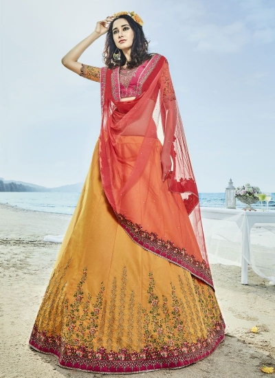 Mustuard yellow and pink silk wedding lehenga