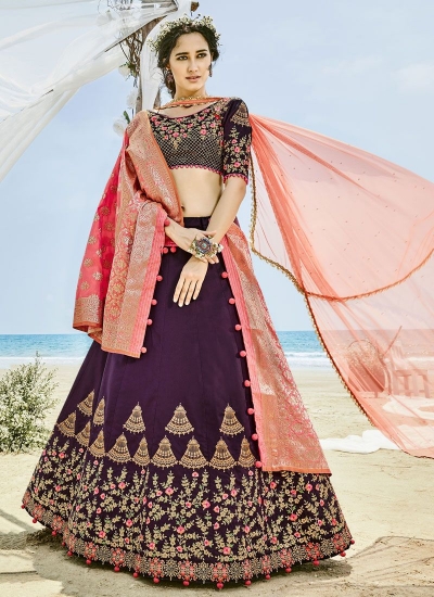 Purple and peach silk wedding lehenga