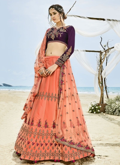 Peach and wine color silk wedding lehenga