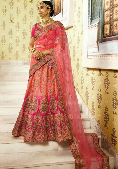 Pink color shaded silk bridal lehenga