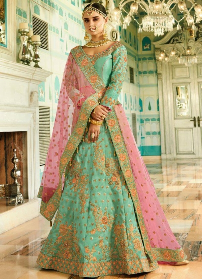 Sea green silk wedding lehenga