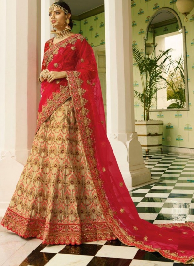 Beige and red color silk bridal lehenga choli