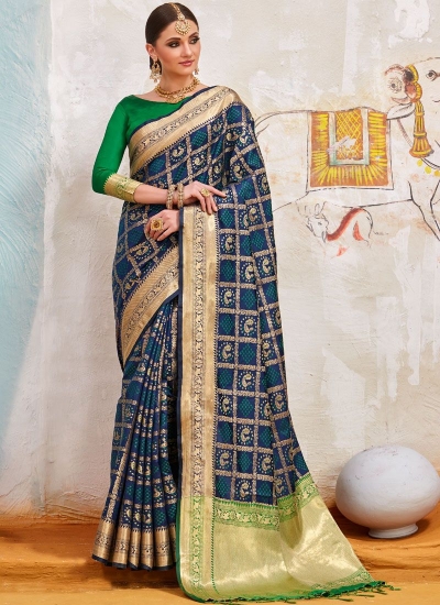 Navy blue and green Indian Silk wedding wear saree