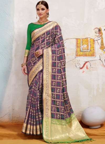 Violet and green Indian Silk wedding wear saree