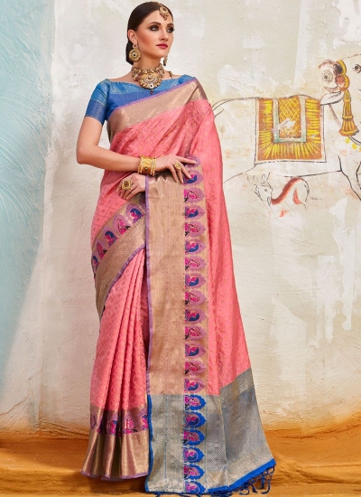 Rose pink Indian Silk wedding wear saree
