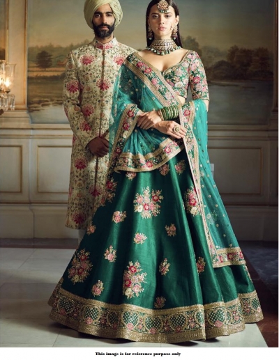 Bollywood Sabyasachi Mukherjee Inspired  silk Teal Greenlehenga