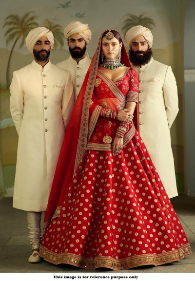 Bollywood Sabyasachi Mukherjee Inspired Banarasi silk red wedding lehenga