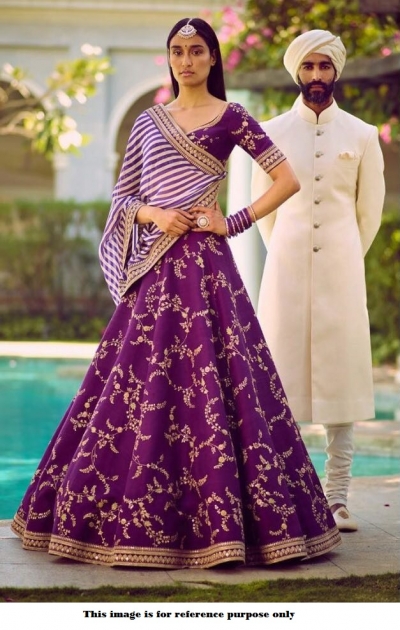 Bollywood Sabyasachi Mukherjee Inspired Malai satin Violet lehenga