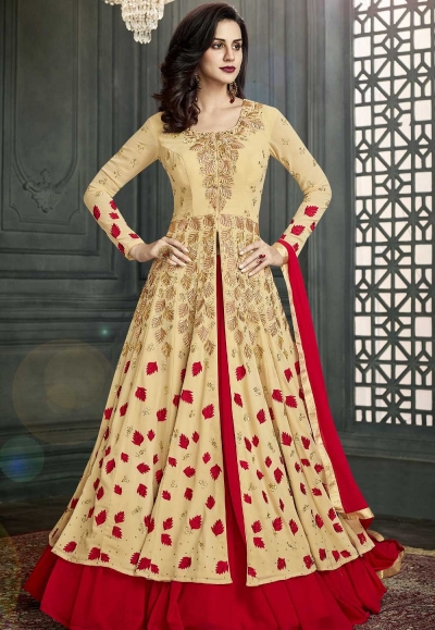 Beige and red color wedding lehenga kameez