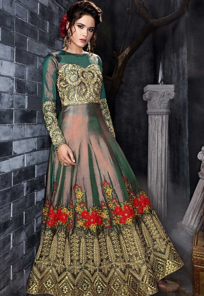 Green silk wedding anarkali 7012