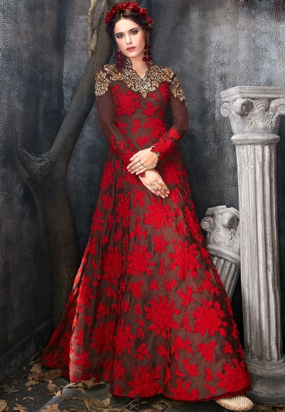 Brown red silk wedding anarkali 7015